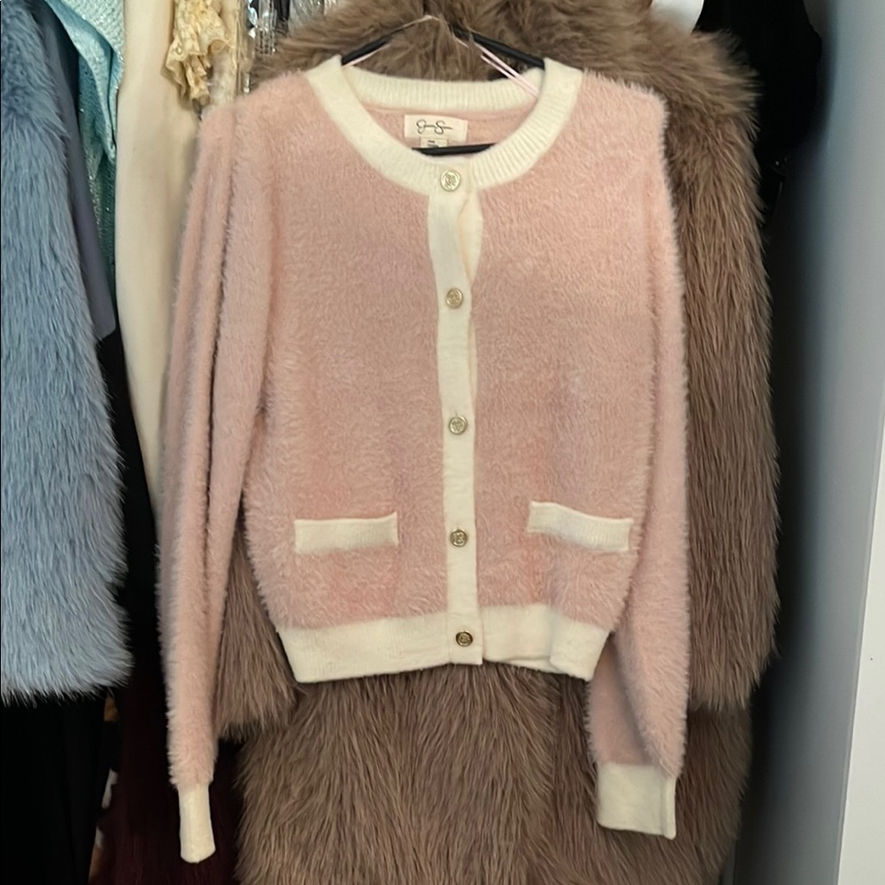 jessica simpson pink and cream cardigan
